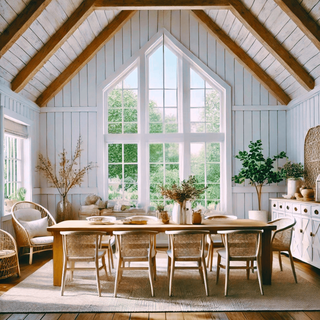 high vaulted ceiling with modern farmhouse dining